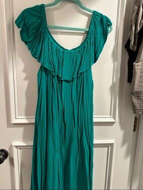 Sandra Darren Teal Green Ruffle Maxi Dress